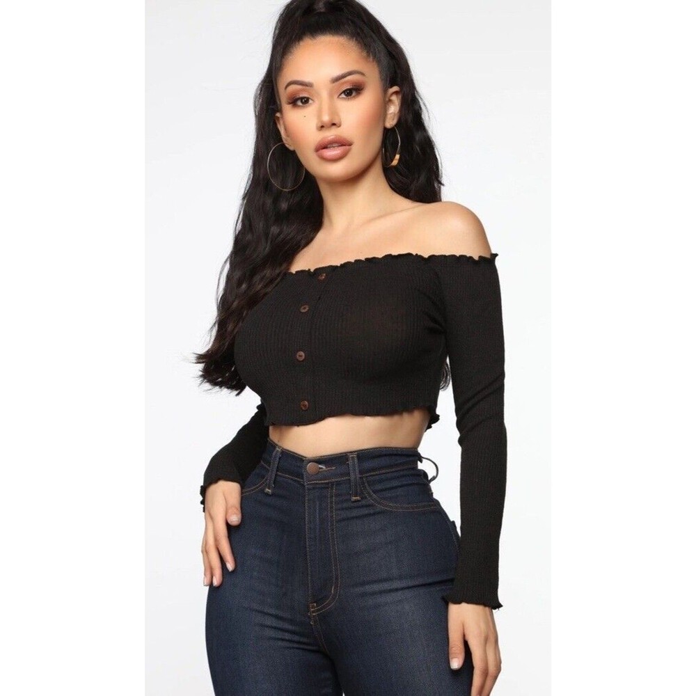 Mind Code Women’s Black Off Shoulder Crop Top Long Sleeve Ribbed Size L